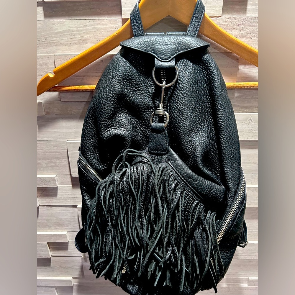 Black leather fringe backpack with adjustable and removed straps